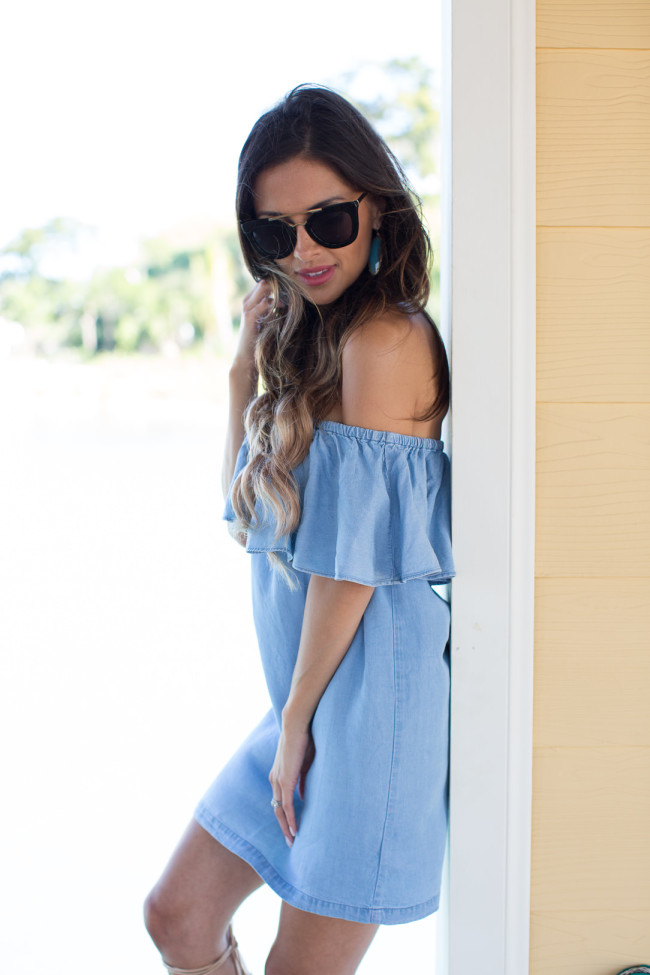 denim off the shoulder dress