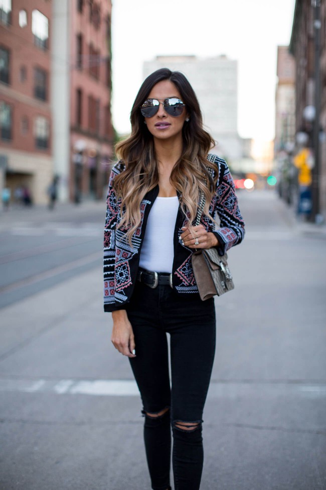 Mia mia mine wearing an embroidered jacket from asos