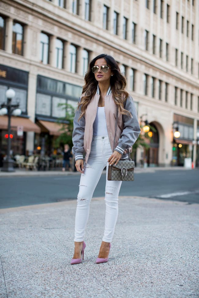 fashion blogger mia mia mine wearing a pink bomber jacket from asos