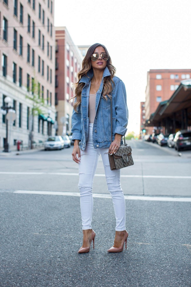 mia mia mine wearing a denim jacket from topshop and white jeans from nordstrom