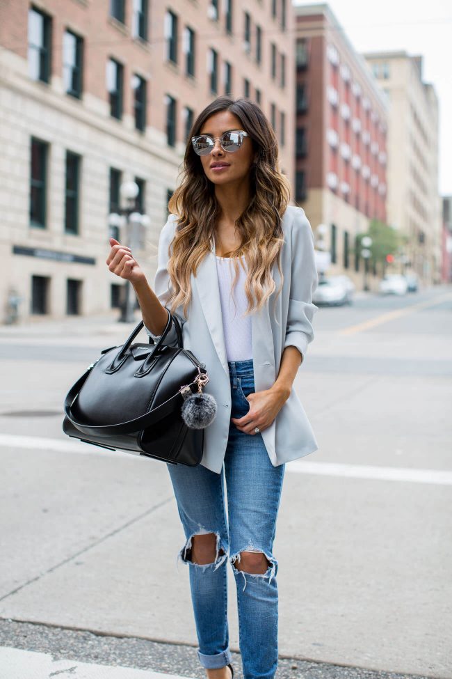 fashion blogger mia mia mine in a topshop mint blazer from nordstrom 