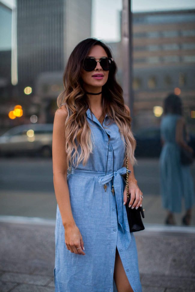 fashion blogger mia mia mine wearing a chambray shirtdress by sanctuary