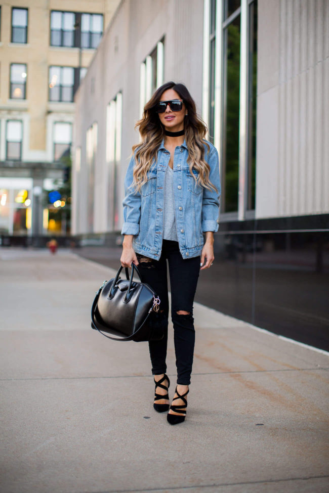 mia mia mine wearing a jean jacket from topshop and heels by public desire