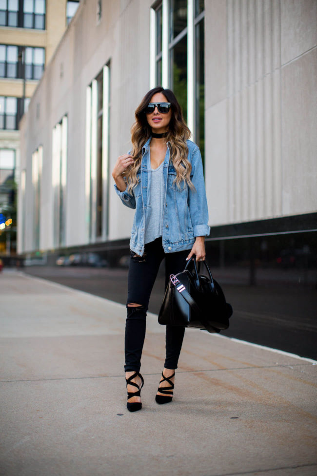 fashion blogger mia mia mine wearing a topshop denim oversized jacket and a vanessa mooney choker