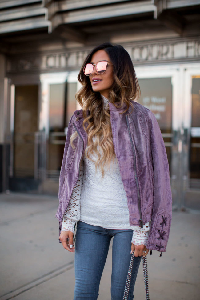 mia mia mine wearing a free people velvet jacket and lace top from nordstrom