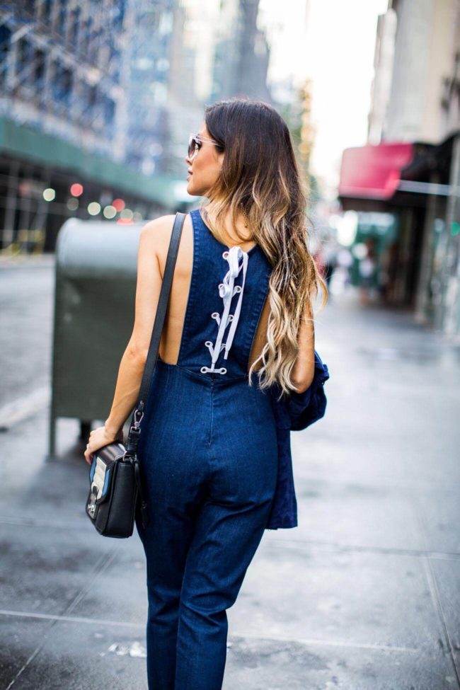 mia mia mine in a lace-up denim jumpsuit by kendall + kylie at new york fashion week 2016