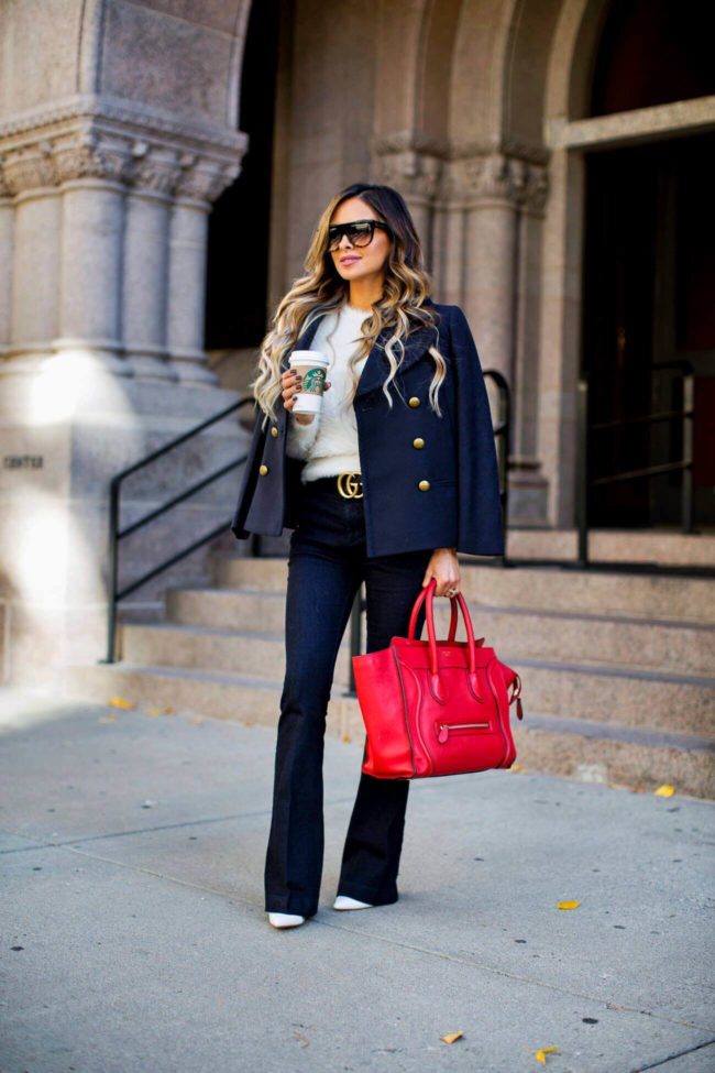 mia mia mine in a navy peacoat from banana republic
