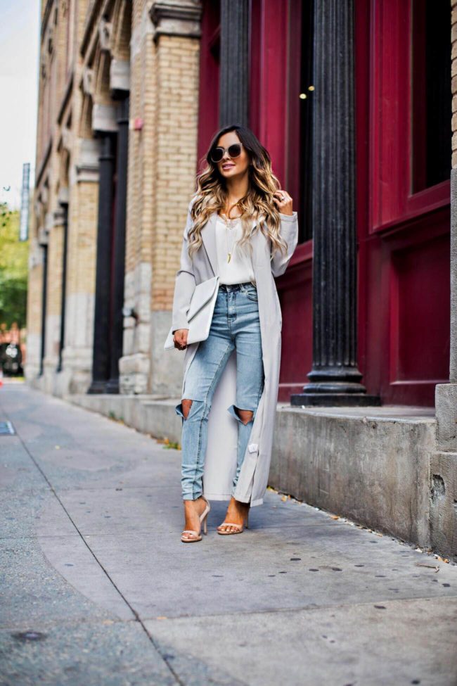mia mia mine in a grey duster jacket from missguided
