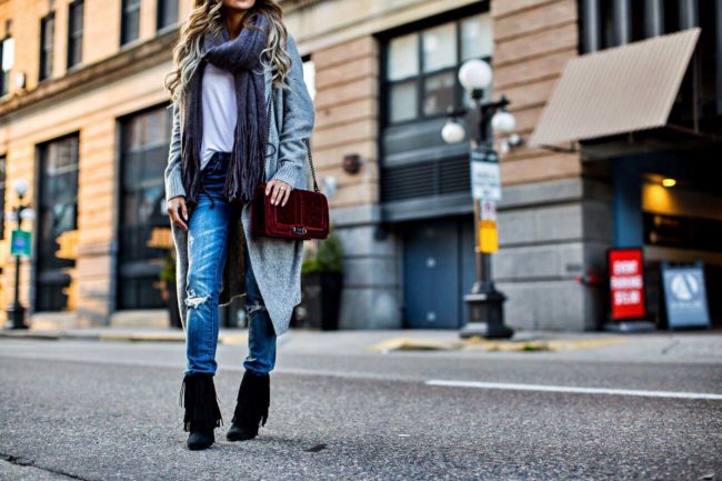 Mia mia mine in fringe booties and a fringe free people scarf from nordstrom