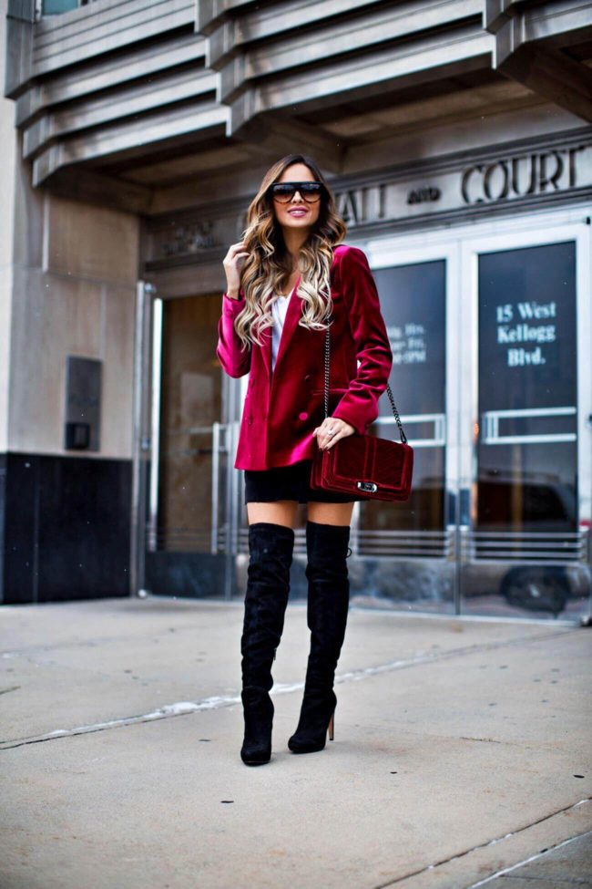 fashion blogger mia mia mine wearing a burgundy velvet blazer from nordstrom and a rebecca minkoff bag