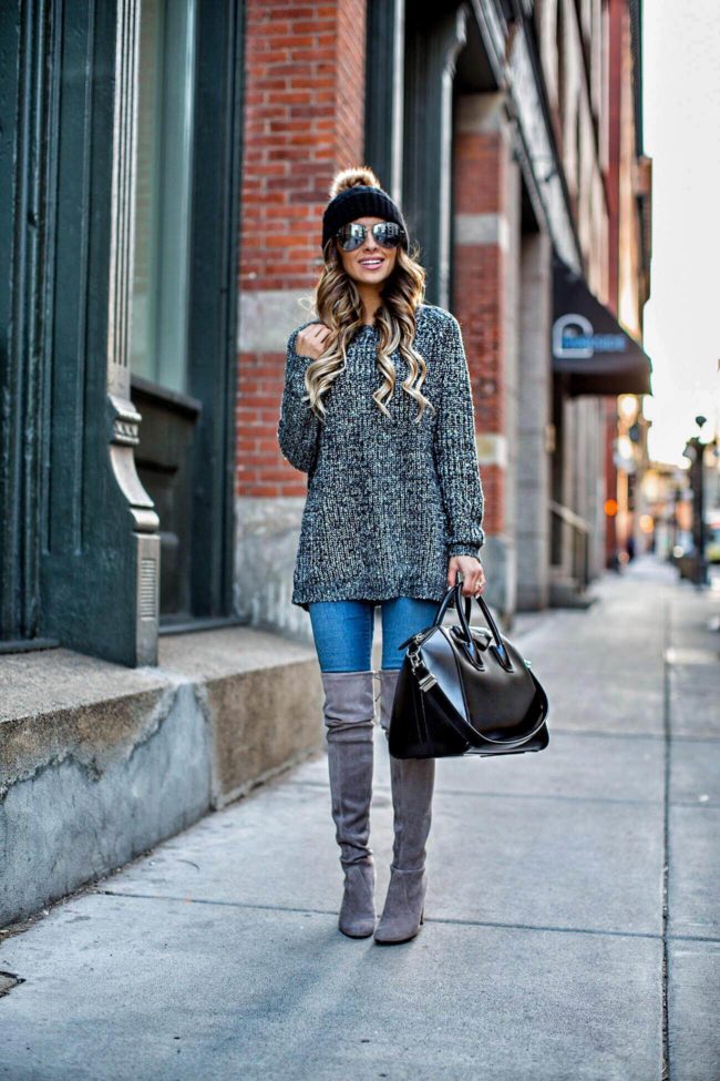 fashion blogger mia mia mine in a gray sweater and black beanie hat from nordstrom