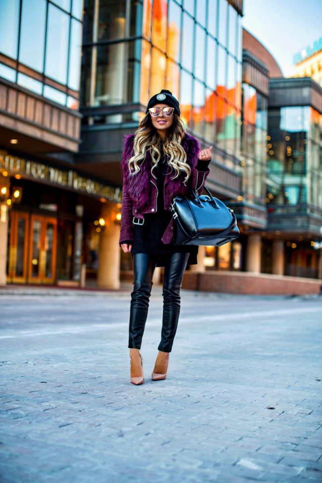 mn fashion blogger mia mia mine wearing a burgundy faux fur jacket and a givenchy antigona tote from nordstrom