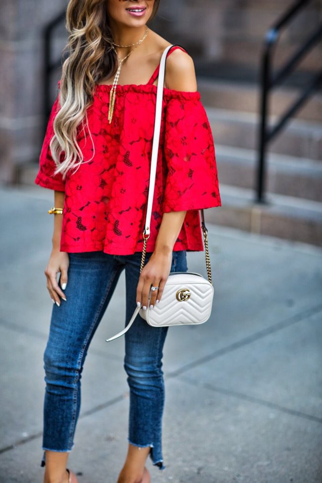 fashion blogger mia mia mine wearing a red lace bb dakota and a gucci marmont white bag