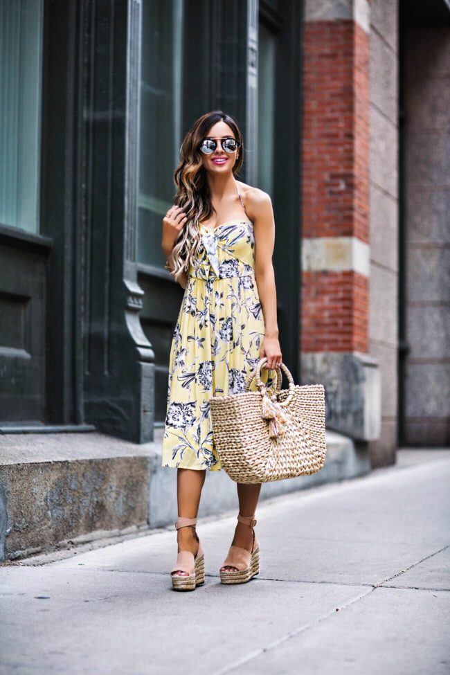 fashion blogger mia mia mine wearing a yellow spring dress and chloe wedges from net-a-porter