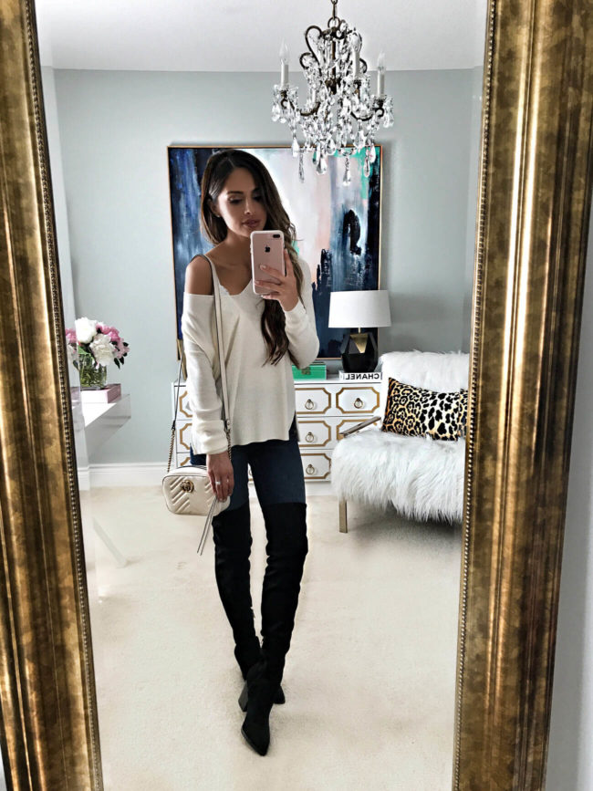 mn fashion blogger mia mia mine wearing a white v-neck sweater from the nordstrom anniversary sale