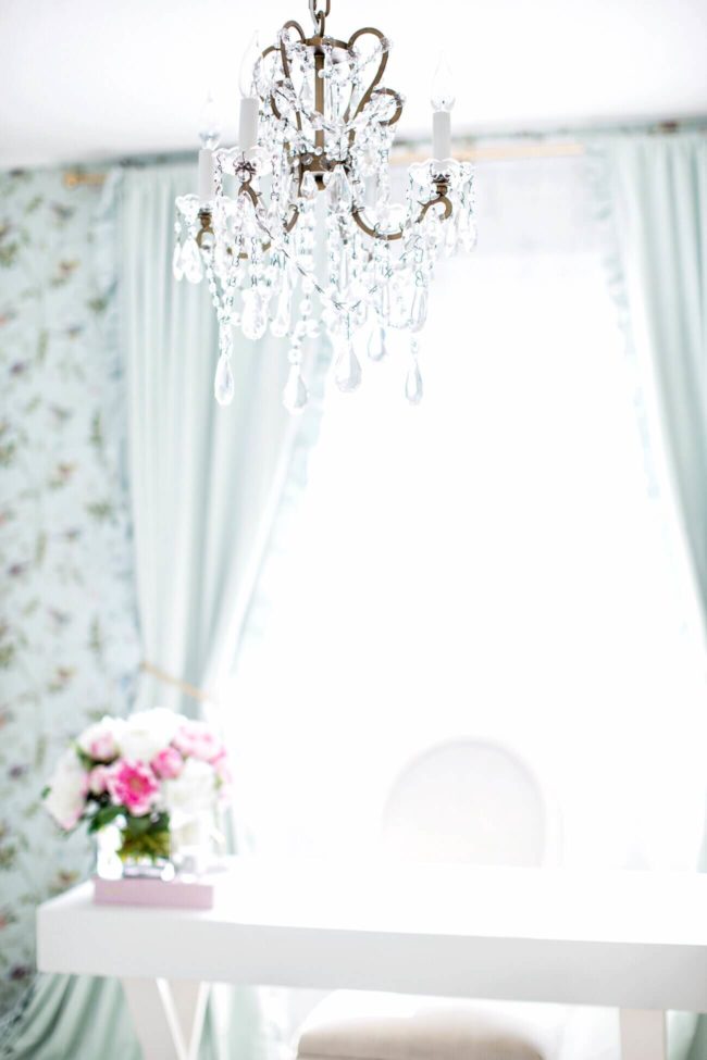 fashion blogger office tour restoration hardware chandelier