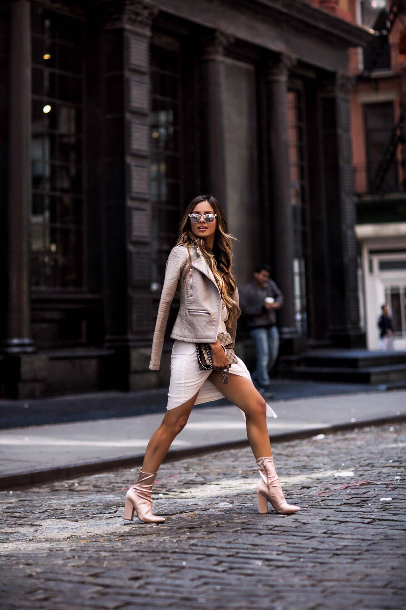 STYLESTALKER White Dress, KENDALL + KYLIE Satin Booties, Gucci Dionysus Mini Bag, WESTWARD LEANING White Sunglasses, Cotton On Biker Jacket 