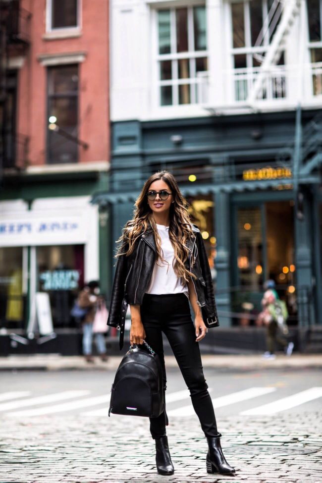 Kendall + Kylie backpack, Dolce Vita studded booties, Nordstrom mesh t0shirt, revolve black leggings, Kate Spade leather jacket
