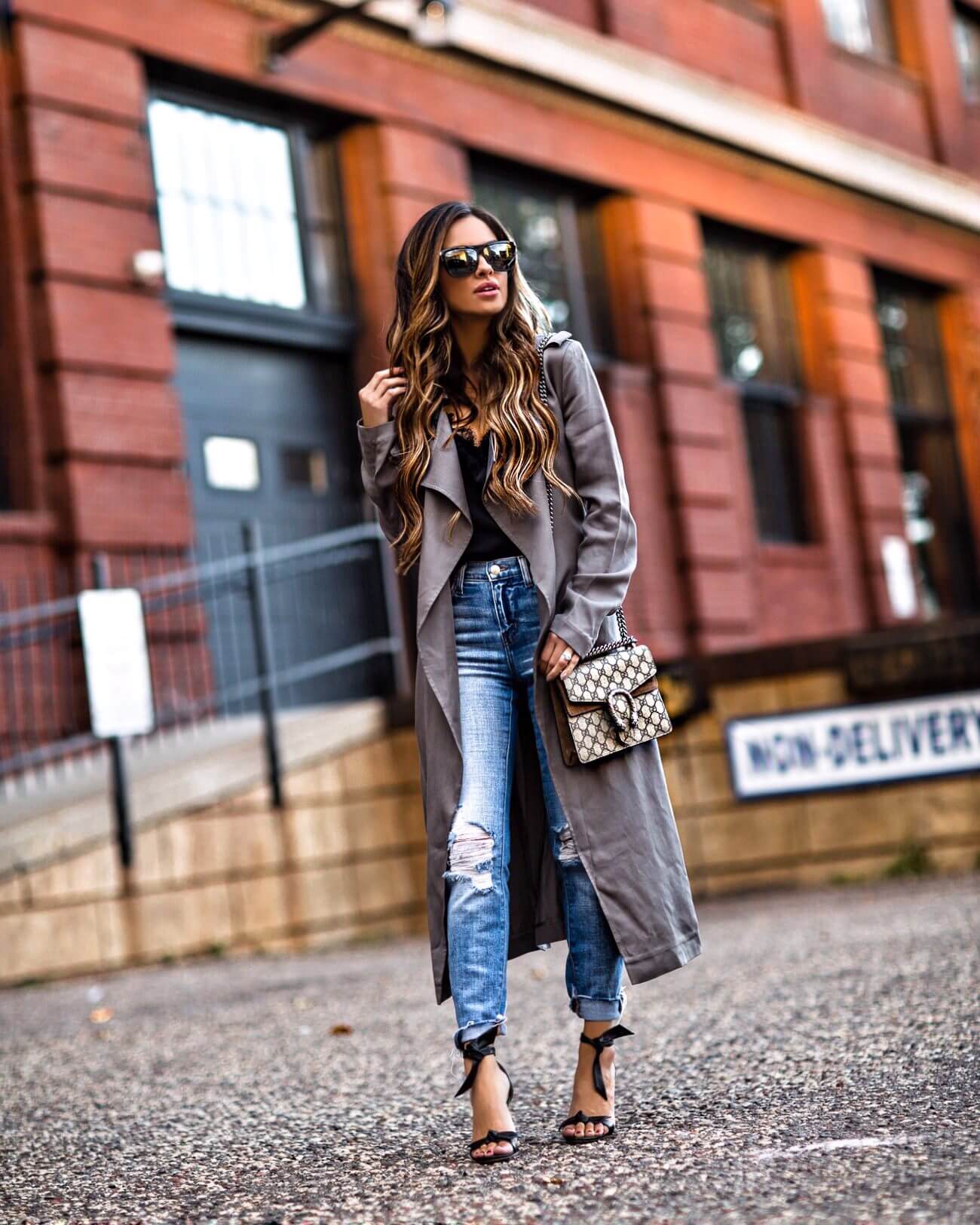 mia mia mine wearing a gray trench coat from nordstrom and l'agence jeans