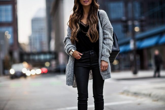 fashion blogger mia mia mine wearing a gray free people cardigan from macy's