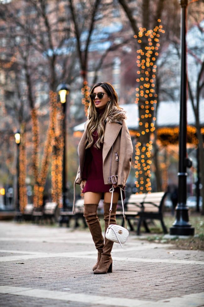 mia mia mine wearing a burgundy sweater dress from nordstrom