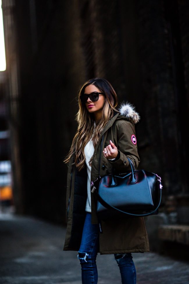fashion blogger mia mia mine wearing an olive canada goose parka from elevtd