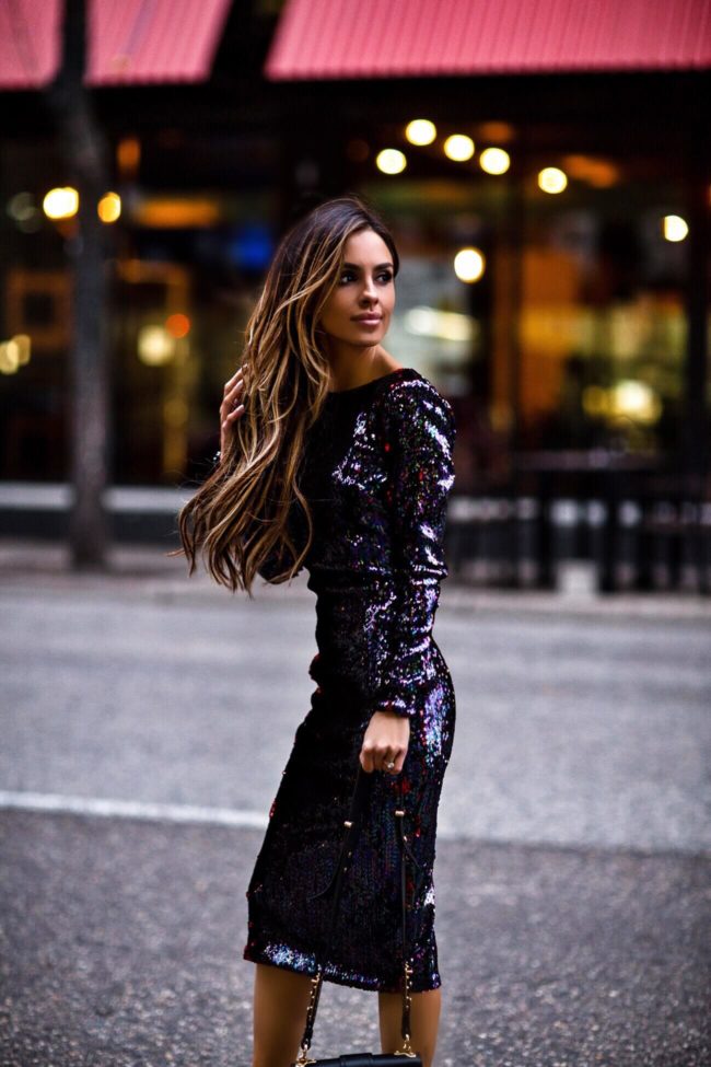 mia mia mine wearing a sequin dress for the holidays