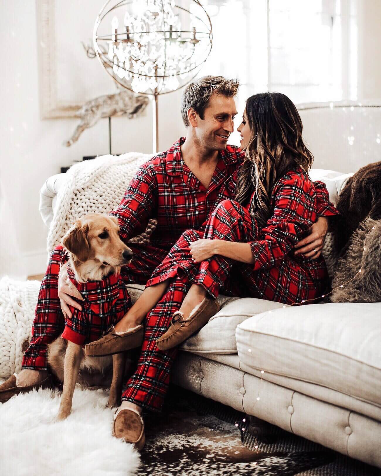 mia mia mine wearing plaid pajamas for christmas
