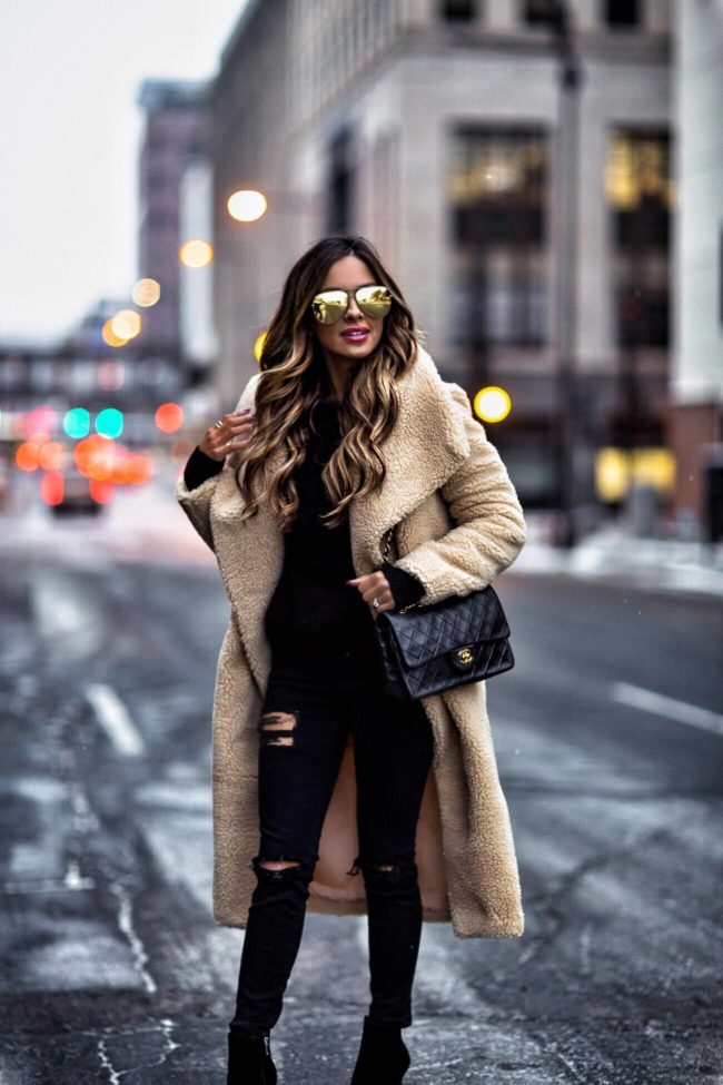 mn fashion blogger mia mia mine wearing a teddy bear coat from missguided