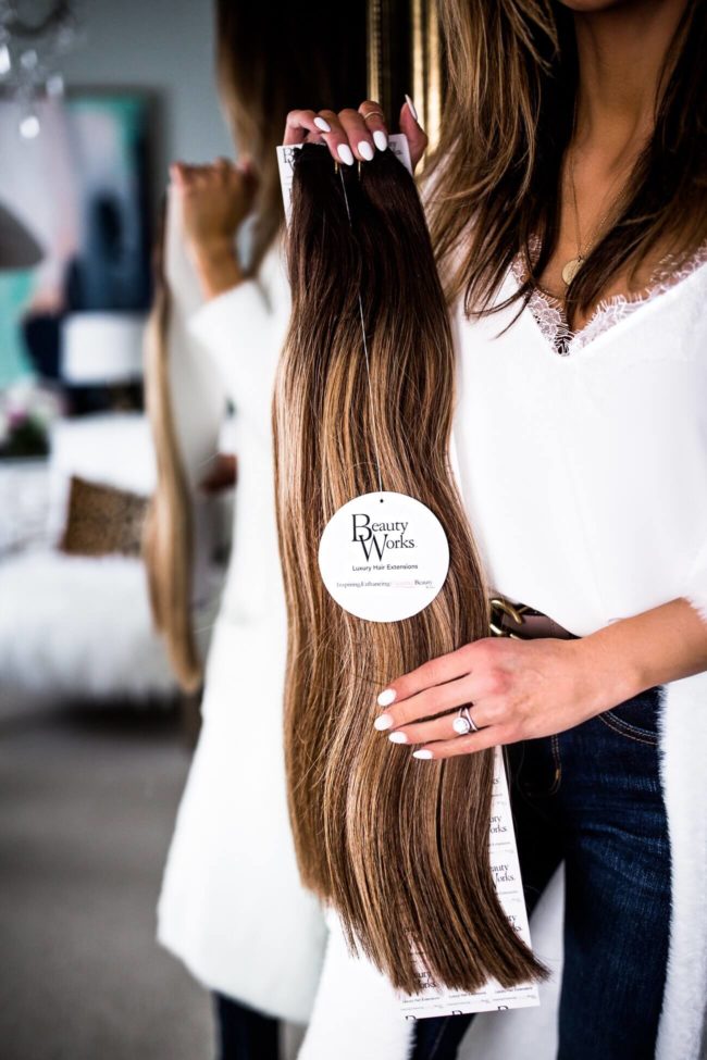 mia mia mine wearing beauty works hair extensions in mocha melt