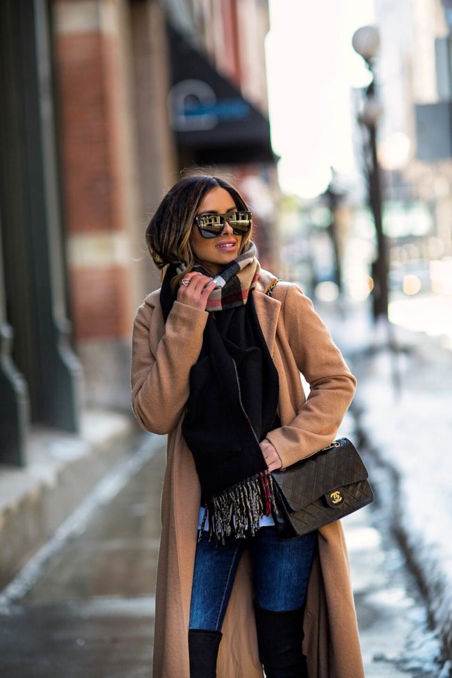 fashion blogger mia mia mine wearing a camel coat and chanel bag