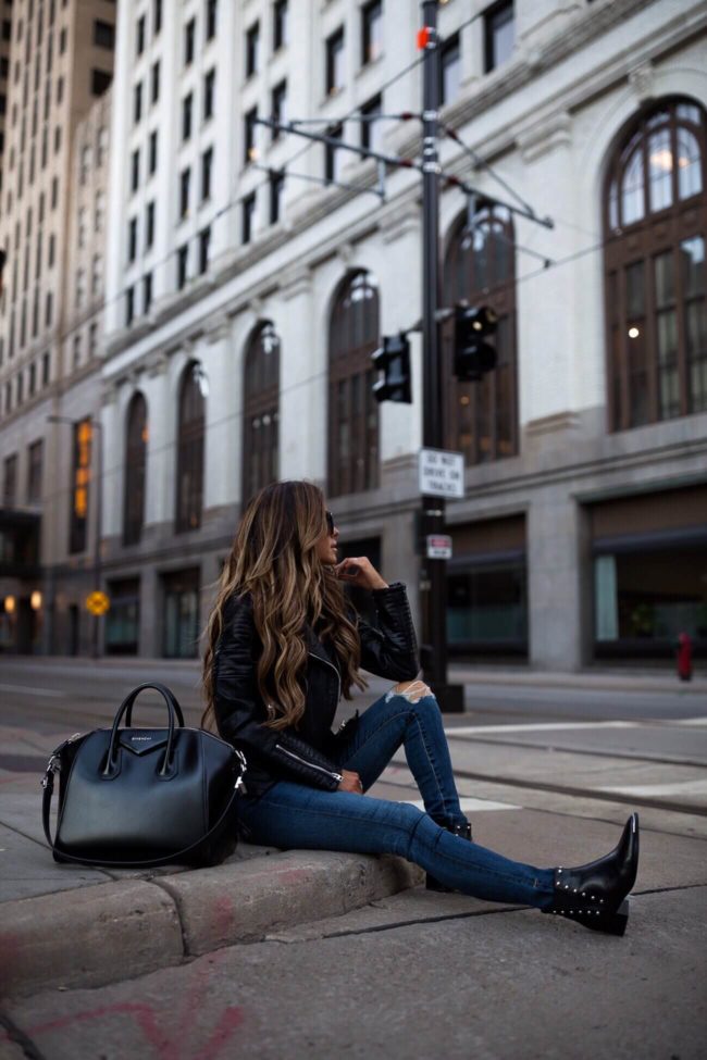 fashion blogger mia mia mine wearing a faux leather jacket and ag jeans from the nordstrom anniversary sale 2018