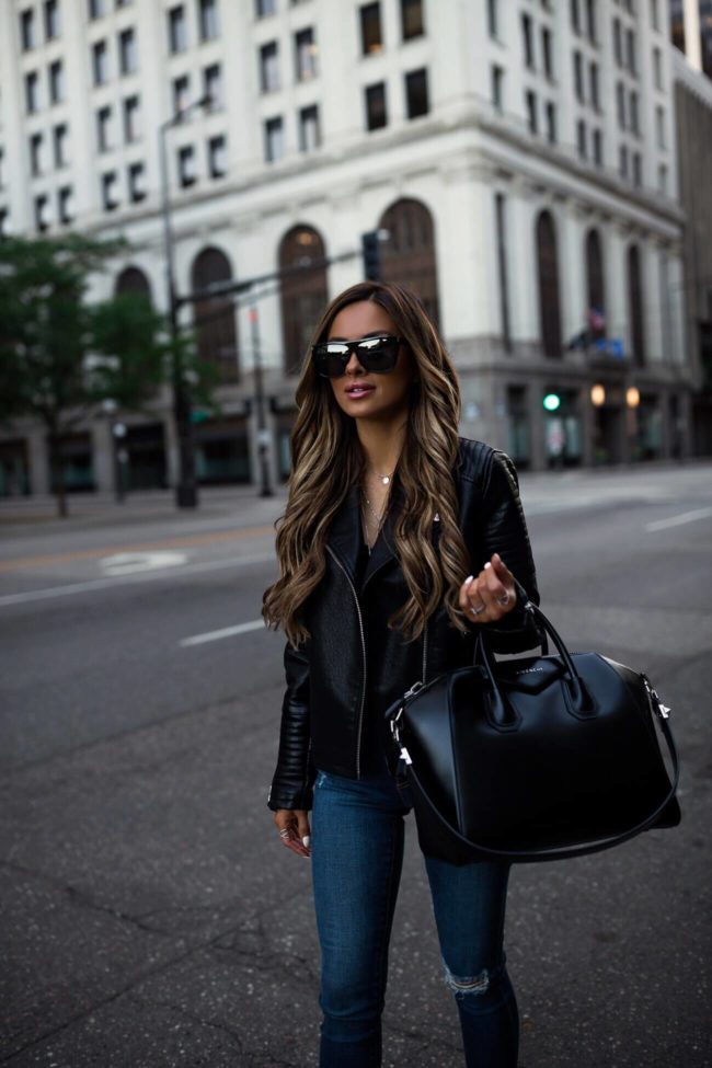 mia mia mine wearing a faux leather topshop jacket and ag denim from the nordstrom anniversary sale 2018