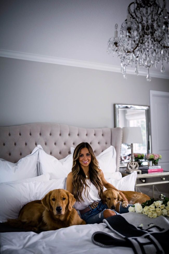 mia mia mine's master bedroom with bloomingdale's hotel bedding