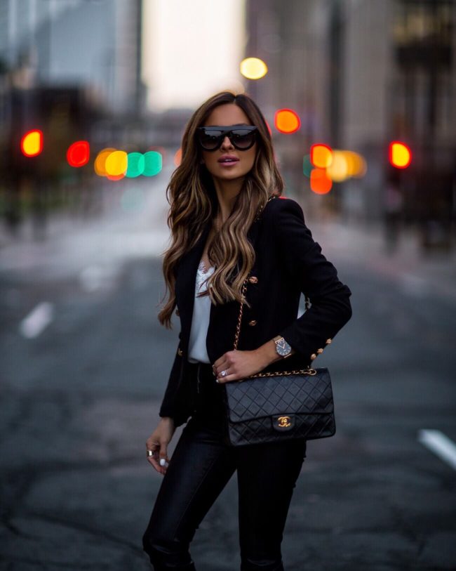 fashion blogger mia mia mine wearing a black blazer and chanel bag from ebay
