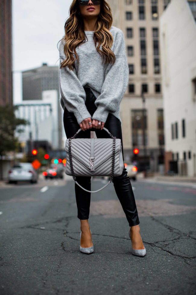 fashion blogger mia mia mine wearing grey gianvito rossi suede heels and a faux leather pants by blanknyc from shopbop