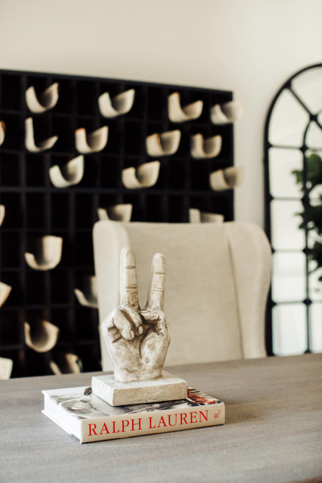 home blogger mia mia mine's home office featuring a Belgian wingback slipcovered arm chair from restoration hardware