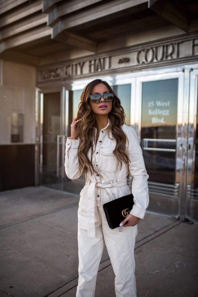 fashion blogger mia mia mine wearing a white boiler suit by topshop