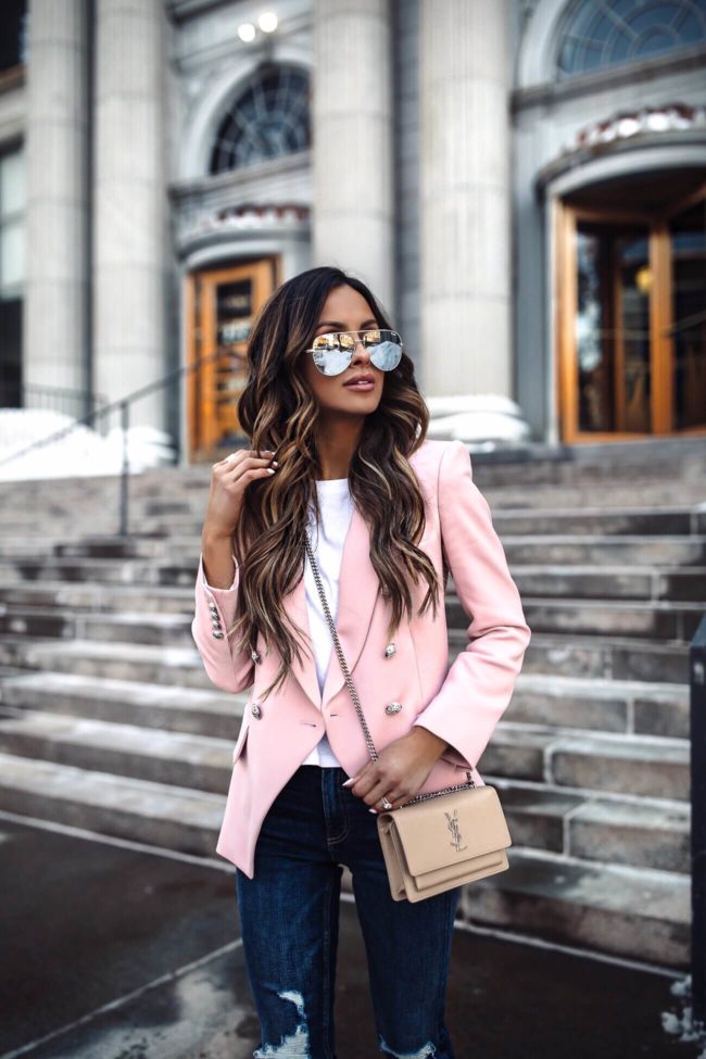 fashion blogger mia mia mine wearing a pink veronica beard blazer and rag & bone denim from intermix