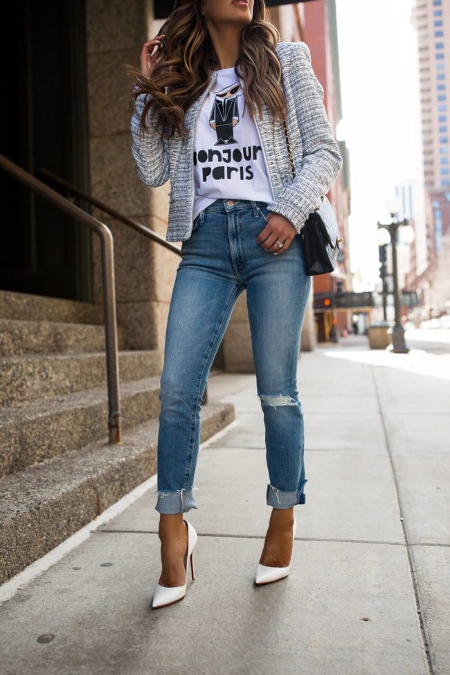 fashion blogger mia mia mine wearing a tweed karl lagerfeld jacket from bloomingdales for spring 2019