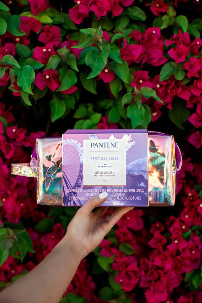 Fashion blogger Mia Mia Mine holding Patene festival hair kit