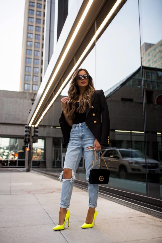fashion blogger mia mia mine wearing topshop denim and neon steve madden heels from nordstrom