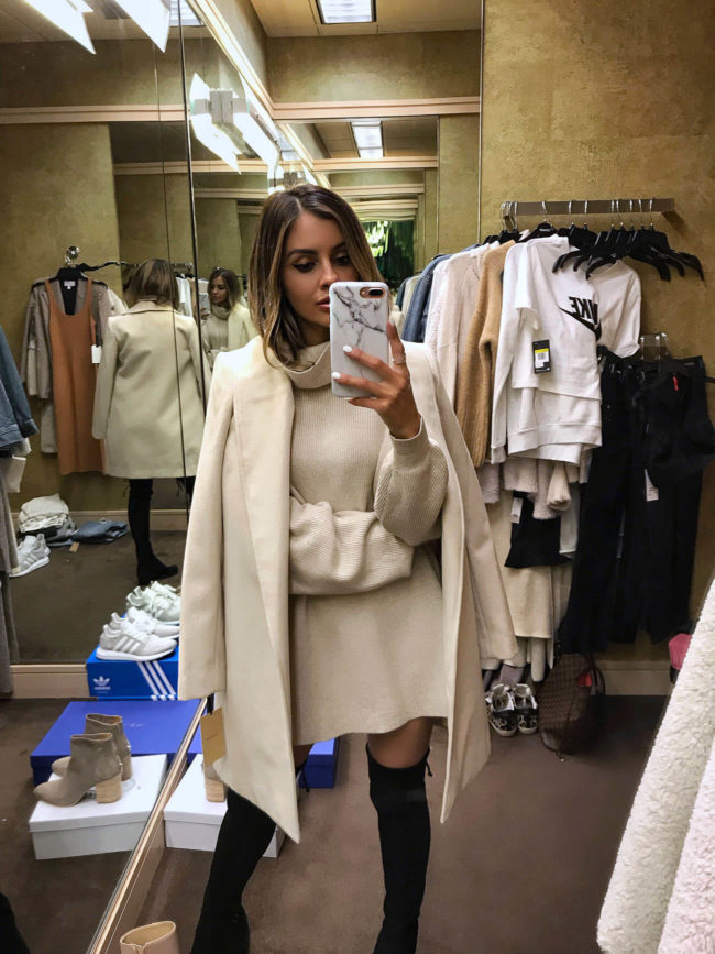 fashion blogger mia mia mine wearing a sweater dress and halogen ivory coat from the nordstrom anniversary sale