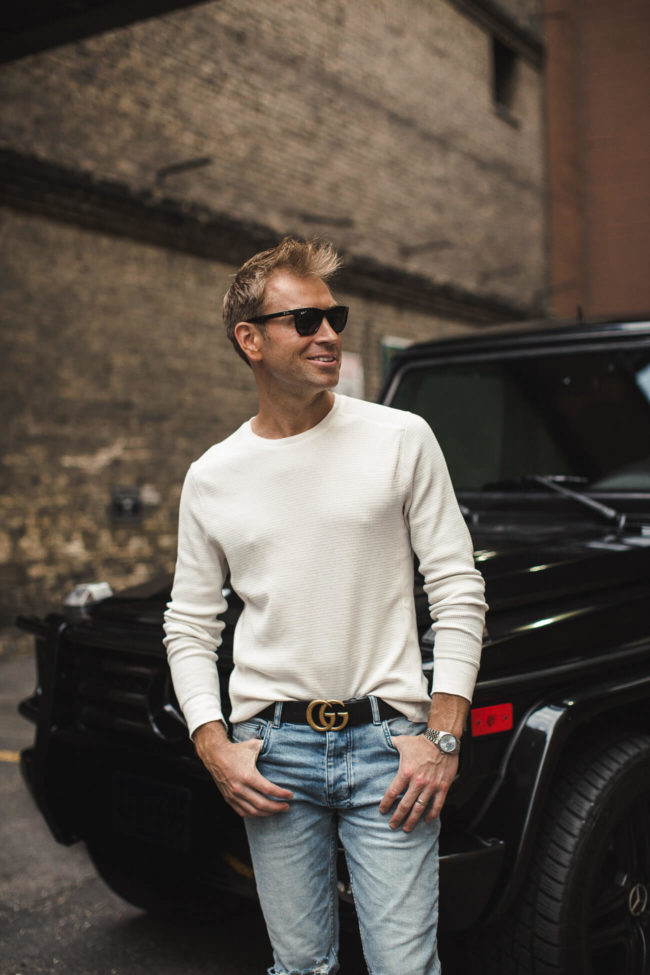 fashion blogger mia mia mine's husband phil wearing a white tee and ksubi denim from the nordstrom anniversary sale 2019