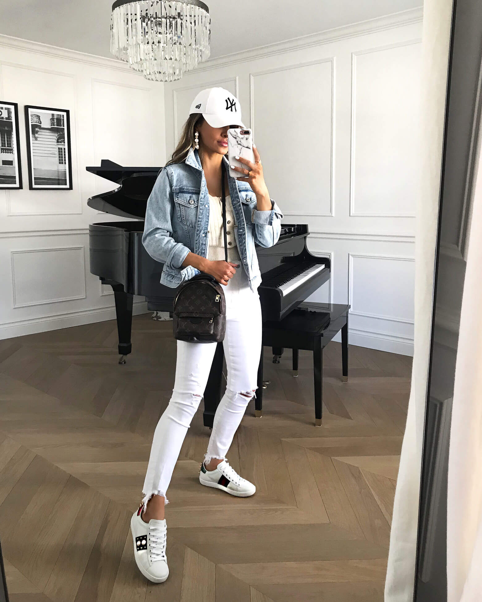 fashion blogger mia mia mine wearing denim jacket and white denim from abercrombie