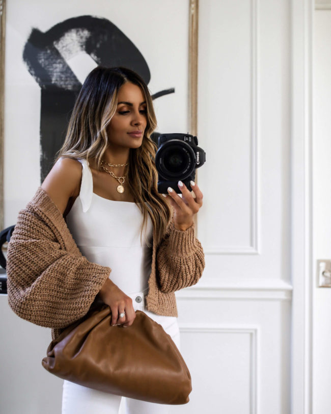 mia mia mine wearing an abercrombie cardigan and the styled collection necklaces on sale for ltk day 2020