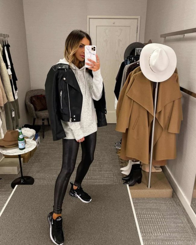 mia mia mine wearing black spanx leggings from the nsale 2020