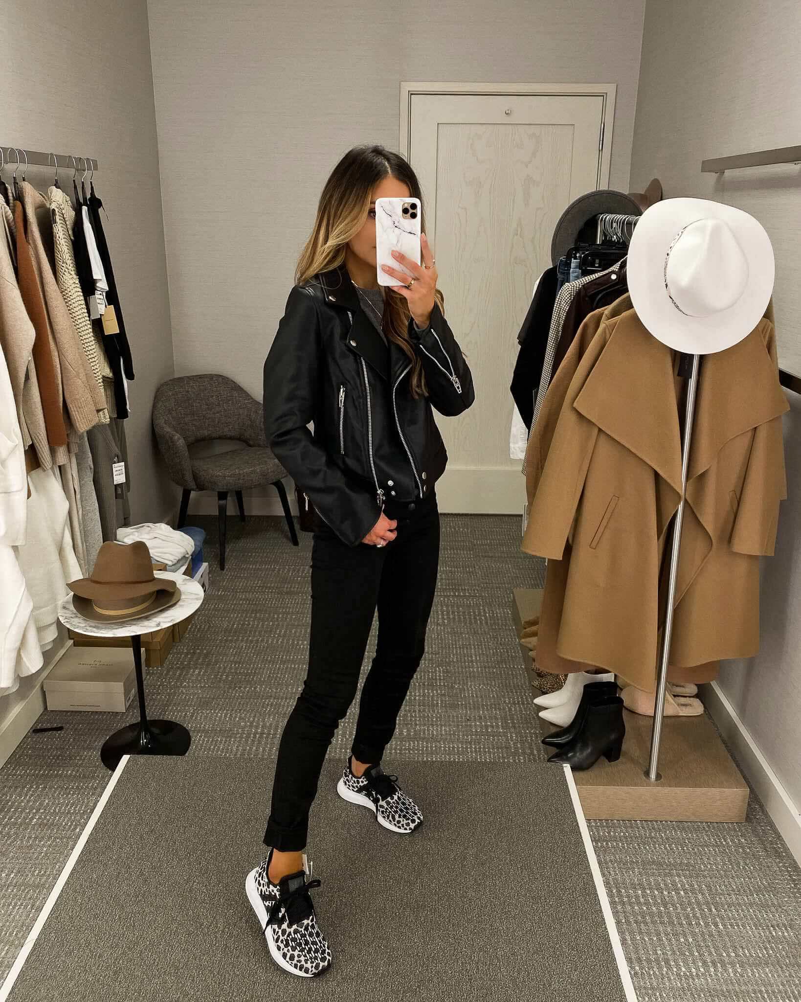 mia mia mine wearing a black faux leather jacket from the nordstrom anniversary sale 