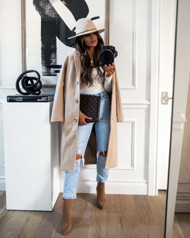 fashion blogger mia mia mine wearing an abercrombie camel coat on sale now