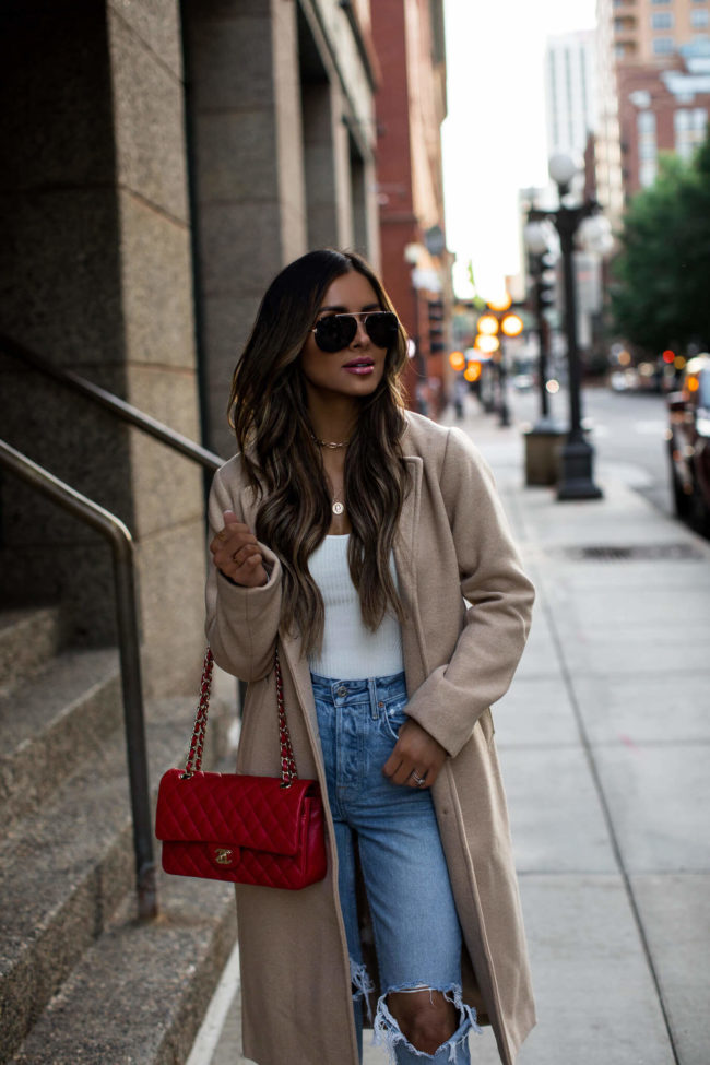 fashion blogger mia mia mine wearing a camel coat from abercrombie